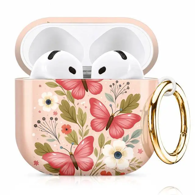 Main image of Compatiable with AirPod 4 Protective Case 2024, Soft Protective Case with Keychain for Women,Cute& Sleek Design Shockproof Charging Case Cover for AirPod 4(Pink Butterflies Floral Leaves Stars)