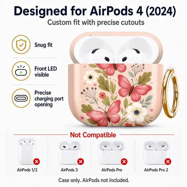 Alt view image 2 of 6 - Compatiable with AirPod 4 Protective Case 2024, Soft Protective Case with Keychain for Women,Cute& Sleek Design Shockproof Charging Case Cover for AirPod 4(Pink Butterflies Floral Leaves Stars)