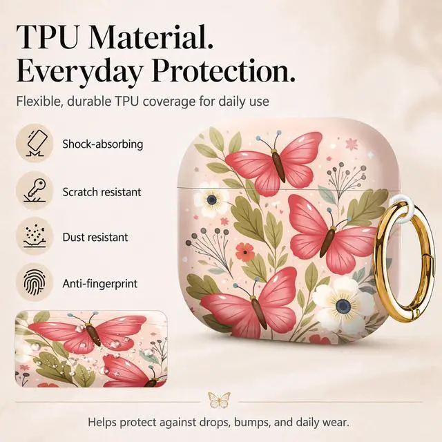 Alt view image 3 of 6 - Compatiable with AirPod 4 Protective Case 2024, Soft Protective Case with Keychain for Women,Cute& Sleek Design Shockproof Charging Case Cover for AirPod 4(Pink Butterflies Floral Leaves Stars)