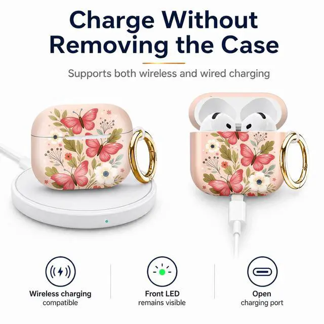 Alt view image 4 of 6 - Compatiable with AirPod 4 Protective Case 2024, Soft Protective Case with Keychain for Women,Cute& Sleek Design Shockproof Charging Case Cover for AirPod 4(Pink Butterflies Floral Leaves Stars)