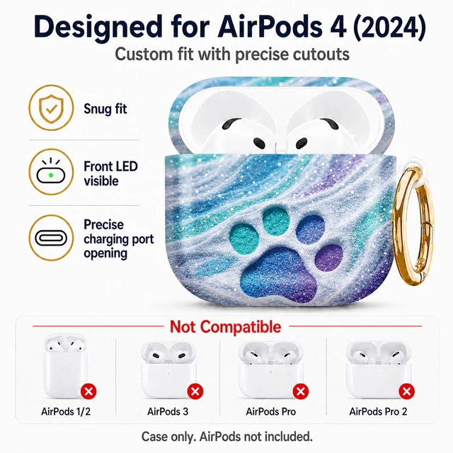 Alt view image 2 of 6 - Compatiable with AirPod 4 Protective Case 2024, Soft Protective Case with Keychain for Women,Cute& Sleek Design Shockproof Charging Case Cover for AirPod 4(Glittery Paw On Swirled Sand)