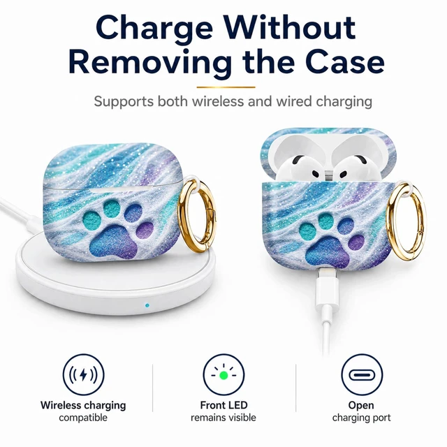 Alt view image 4 of 6 - Compatiable with AirPod 4 Protective Case 2024, Soft Protective Case with Keychain for Women,Cute& Sleek Design Shockproof Charging Case Cover for AirPod 4(Glittery Paw On Swirled Sand)