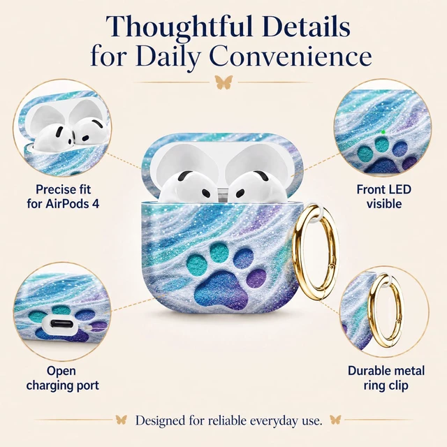 Alt view image 5 of 6 - Compatiable with AirPod 4 Protective Case 2024, Soft Protective Case with Keychain for Women,Cute& Sleek Design Shockproof Charging Case Cover for AirPod 4(Glittery Paw On Swirled Sand)