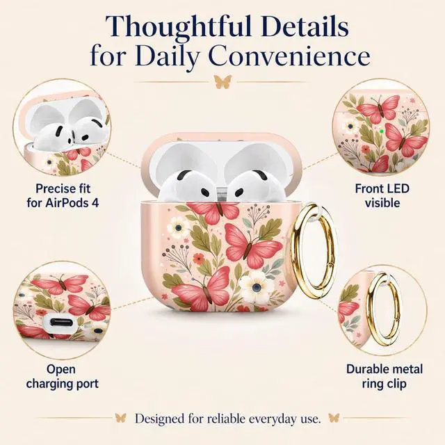 Alt view image 5 of 6 - Compatiable with AirPod 4 Protective Case 2024, Soft Protective Case with Keychain for Women,Cute& Sleek Design Shockproof Charging Case Cover for AirPod 4(Pink Butterflies Floral Leaves Stars)