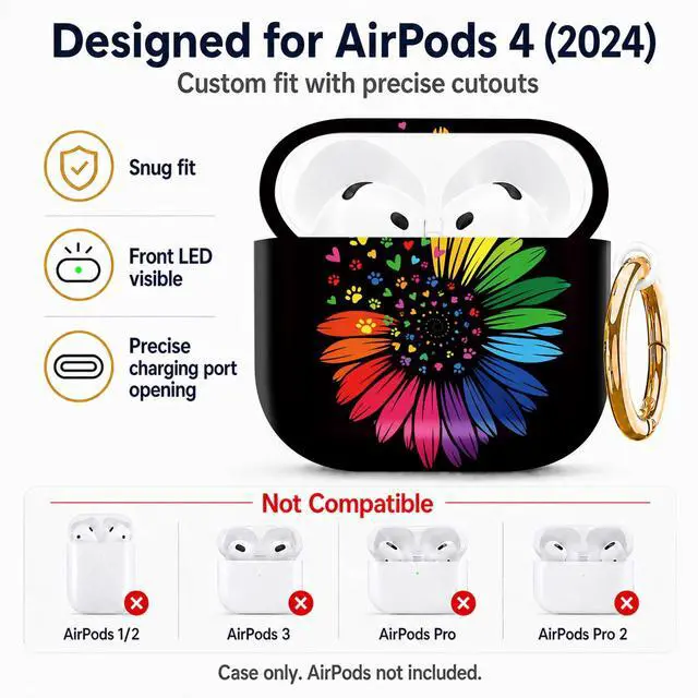Alt view image 2 of 6 - Compatiable with AirPod 4 Protective Case 2024, Soft Protective Case with Keychain for Women,Cute& Sleek Design Shockproof Charging Case Cover for AirPod 4(Colorful Flower with Paw Prints and Hearts)