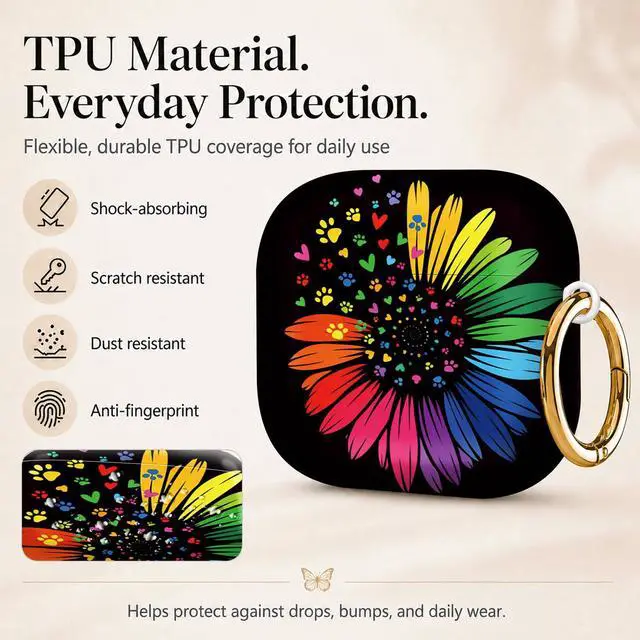 Alt view image 3 of 6 - Compatiable with AirPod 4 Protective Case 2024, Soft Protective Case with Keychain for Women,Cute& Sleek Design Shockproof Charging Case Cover for AirPod 4(Colorful Flower with Paw Prints and Hearts)