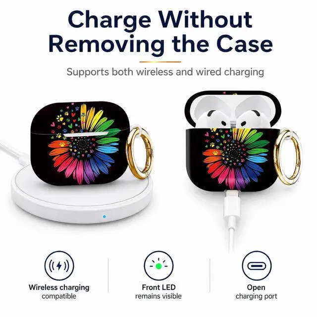 Alt view image 4 of 6 - Compatiable with AirPod 4 Protective Case 2024, Soft Protective Case with Keychain for Women,Cute& Sleek Design Shockproof Charging Case Cover for AirPod 4(Colorful Flower with Paw Prints and Hearts)