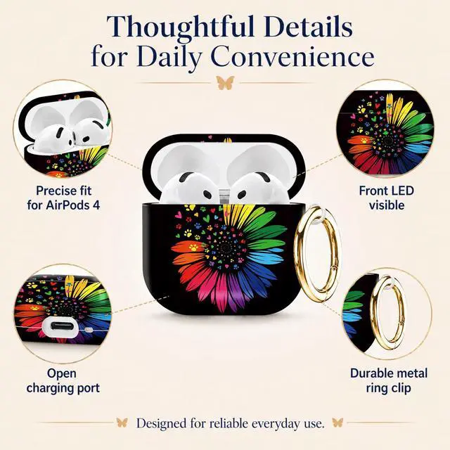 Alt view image 5 of 6 - Compatiable with AirPod 4 Protective Case 2024, Soft Protective Case with Keychain for Women,Cute& Sleek Design Shockproof Charging Case Cover for AirPod 4(Colorful Flower with Paw Prints and Hearts)