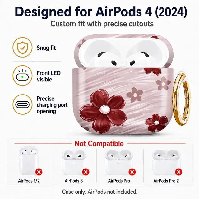 Alt view image 2 of 6 - Compatiable with AirPod 4 Protective Case 2024, Soft Protective Case with Keychain for Women,Cute& Sleek Design Shockproof Charging Case Cover for AirPod 4(Floral with Red and Pink Flowers)