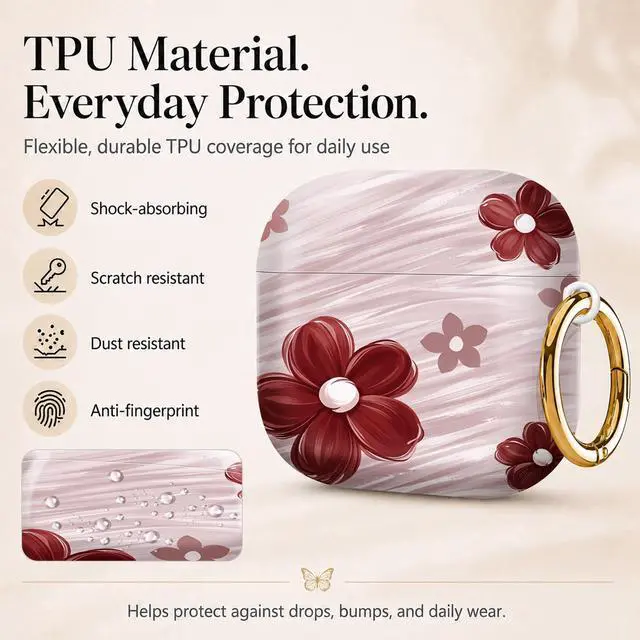 Alt view image 3 of 6 - Compatiable with AirPod 4 Protective Case 2024, Soft Protective Case with Keychain for Women,Cute& Sleek Design Shockproof Charging Case Cover for AirPod 4(Floral with Red and Pink Flowers)