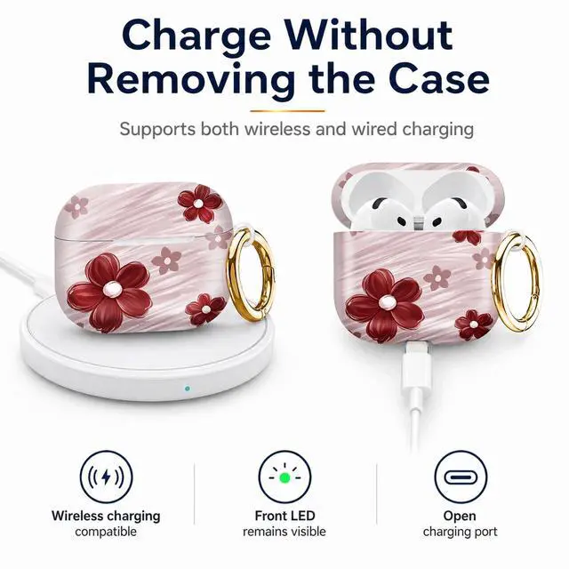 Alt view image 4 of 6 - Compatiable with AirPod 4 Protective Case 2024, Soft Protective Case with Keychain for Women,Cute& Sleek Design Shockproof Charging Case Cover for AirPod 4(Floral with Red and Pink Flowers)