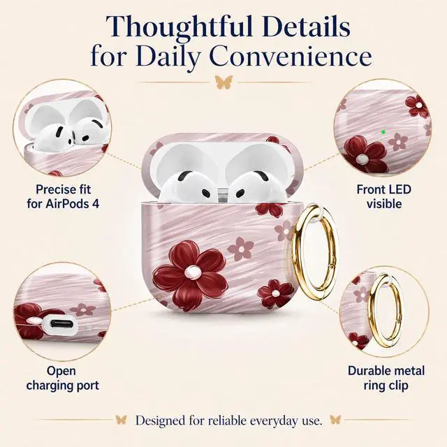 Alt view image 5 of 6 - Compatiable with AirPod 4 Protective Case 2024, Soft Protective Case with Keychain for Women,Cute& Sleek Design Shockproof Charging Case Cover for AirPod 4(Floral with Red and Pink Flowers)