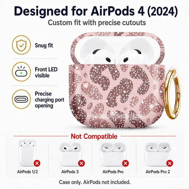 Alt view image 2 of 6 - Compatiable with AirPod 4 Protective Case 2024, Soft Protective Case with Keychain for Women,Cute& Sleek Design Shockproof Charging Case Cover for AirPod 4(Pink Leopard with Dots)