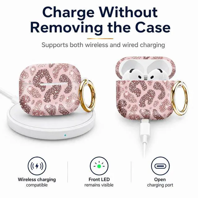 Alt view image 4 of 6 - Compatiable with AirPod 4 Protective Case 2024, Soft Protective Case with Keychain for Women,Cute& Sleek Design Shockproof Charging Case Cover for AirPod 4(Pink Leopard with Dots)