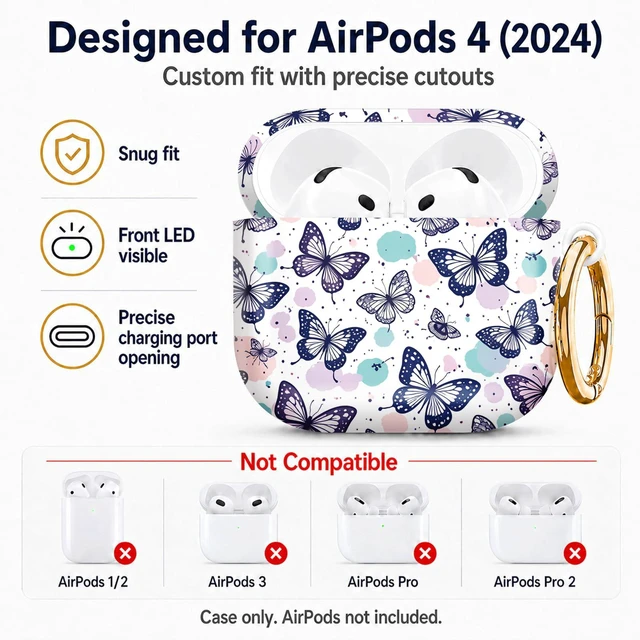 Alt view image 2 of 6 - Compatiable with AirPod 4 Protective Case 2024, Soft Protective Case with Keychain for Women,Cute& Sleek Design Shockproof Charging Case Cover for AirPod 4(Butterfly with Pastel Dots and Lines)
