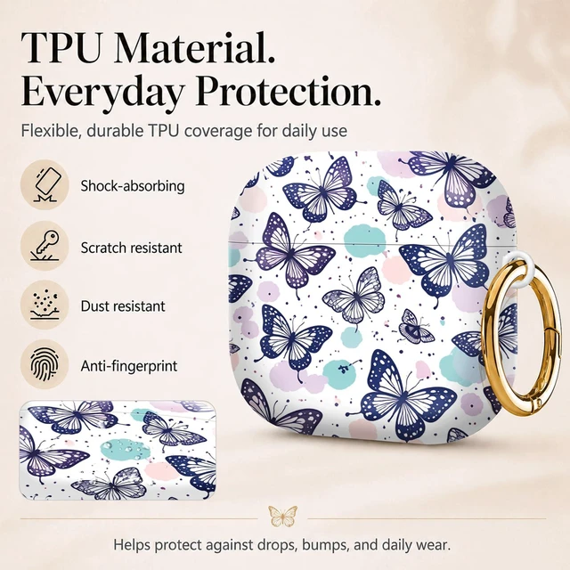 Alt view image 3 of 6 - Compatiable with AirPod 4 Protective Case 2024, Soft Protective Case with Keychain for Women,Cute& Sleek Design Shockproof Charging Case Cover for AirPod 4(Butterfly with Pastel Dots and Lines)