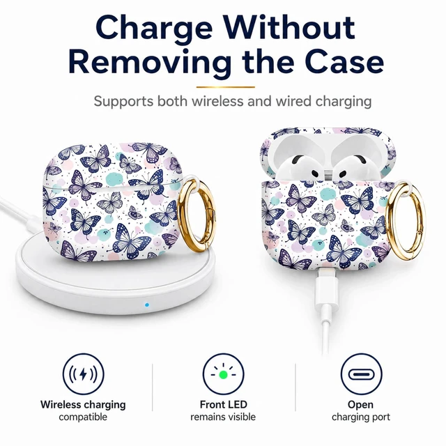 Alt view image 4 of 6 - Compatiable with AirPod 4 Protective Case 2024, Soft Protective Case with Keychain for Women,Cute& Sleek Design Shockproof Charging Case Cover for AirPod 4(Butterfly with Pastel Dots and Lines)