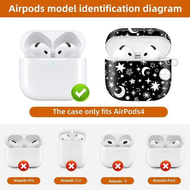 Alt view image 6 of 6 - Compatible with AirPod 4th Generation 2024 Case, Shockproof Anti-Drop Protective Cover, Cute Case for Women Men with Keychain(Moon Stars)