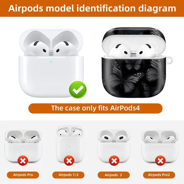 Alt view image 6 of 6 - Compatible with AirPod 4th Generation 2024 Case, Shockproof Anti-Drop Protective Cover, Cute Case for Women Men with Keychain(Dark Butterfly)