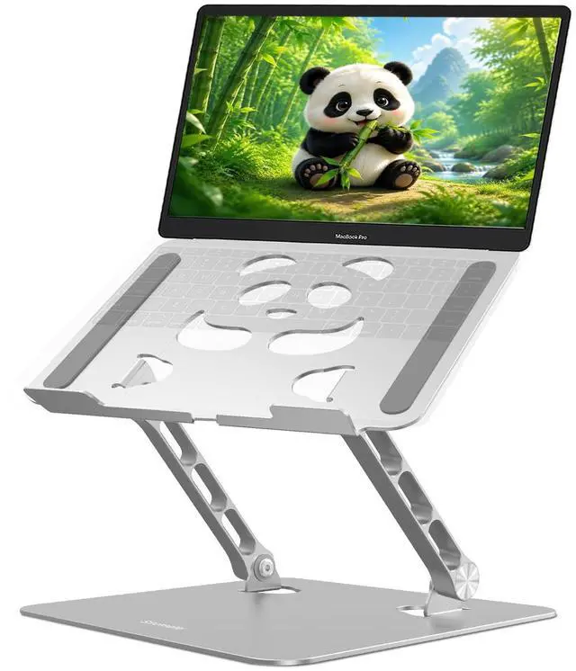 Main image of Stable Laptop Stand for Desk Fit for 10"-16.3" Laptops, Silver | Foldable Aluminum Riser Creates an Ergonomic Workspace with Cute Panda Cooling Vent, Fits MacBook Air/Pro, Dell and Lenovo