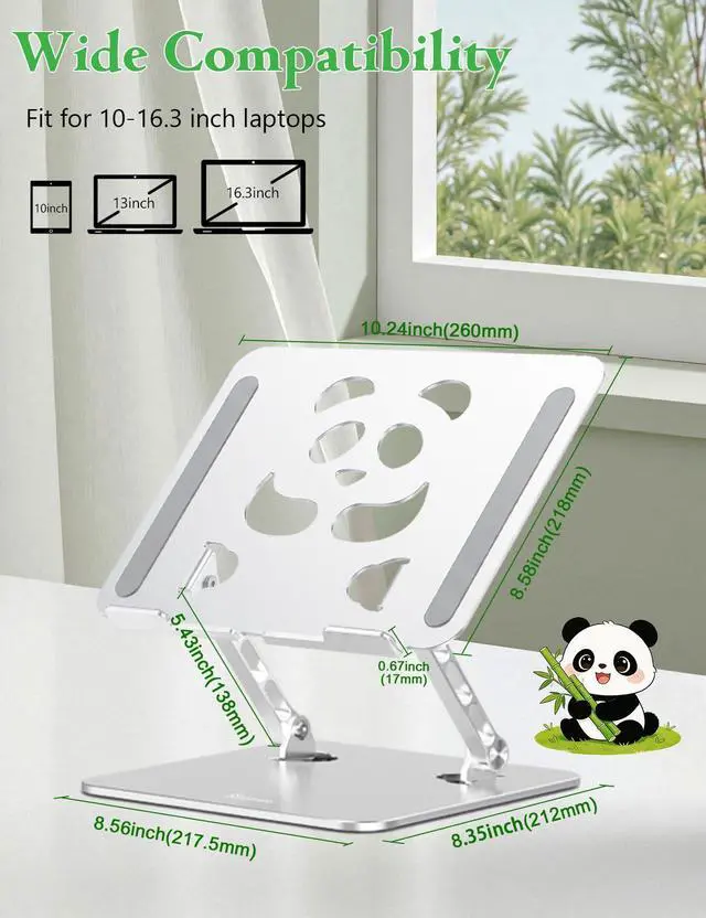 Alt view image 2 of 7 - Stable Laptop Stand for Desk Fit for 10"-16.3" Laptops, Silver | Foldable Aluminum Riser Creates an Ergonomic Workspace with Cute Panda Cooling Vent, Fits MacBook Air/Pro, Dell and Lenovo