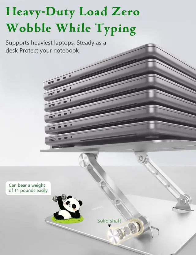 Alt view image 3 of 7 - Stable Laptop Stand for Desk Fit for 10"-16.3" Laptops, Silver | Foldable Aluminum Riser Creates an Ergonomic Workspace with Cute Panda Cooling Vent, Fits MacBook Air/Pro, Dell and Lenovo