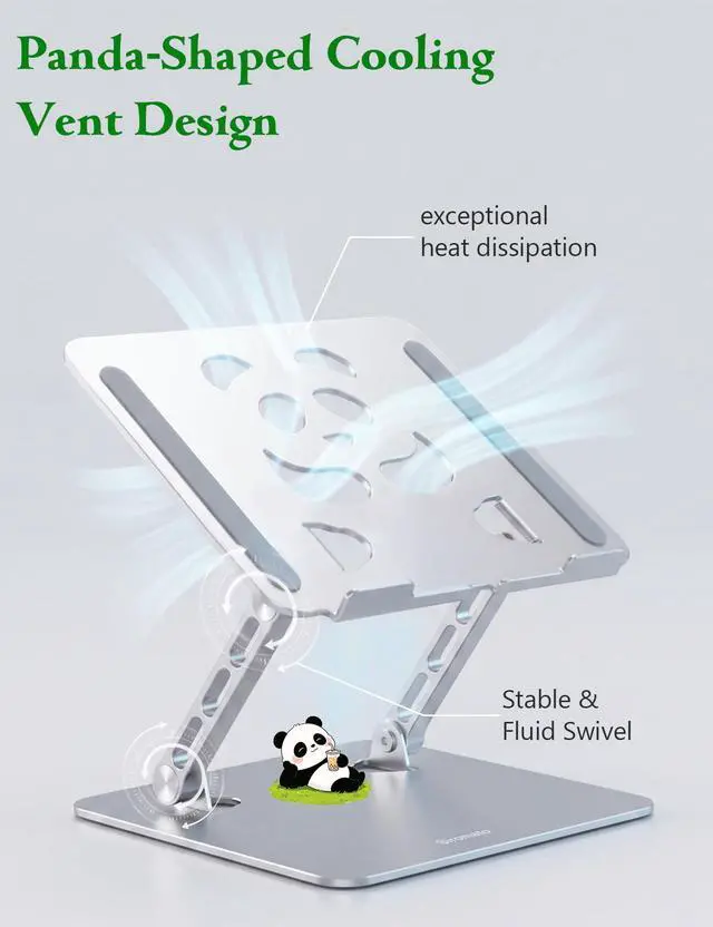 Alt view image 4 of 7 - Stable Laptop Stand for Desk Fit for 10"-16.3" Laptops, Silver | Foldable Aluminum Riser Creates an Ergonomic Workspace with Cute Panda Cooling Vent, Fits MacBook Air/Pro, Dell and Lenovo