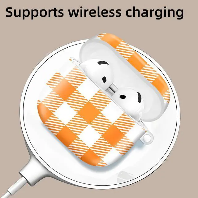 Alt view image 3 of 6 - Compatible with AirPod 4th Generation 2024 Case, Shockproof Anti-Drop Protective Cover, Cute Case for Women Men with Keychain(Orange Checkered Lattice)