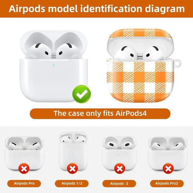 Alt view image 6 of 6 - Compatible with AirPod 4th Generation 2024 Case, Shockproof Anti-Drop Protective Cover, Cute Case for Women Men with Keychain(Orange Checkered Lattice)