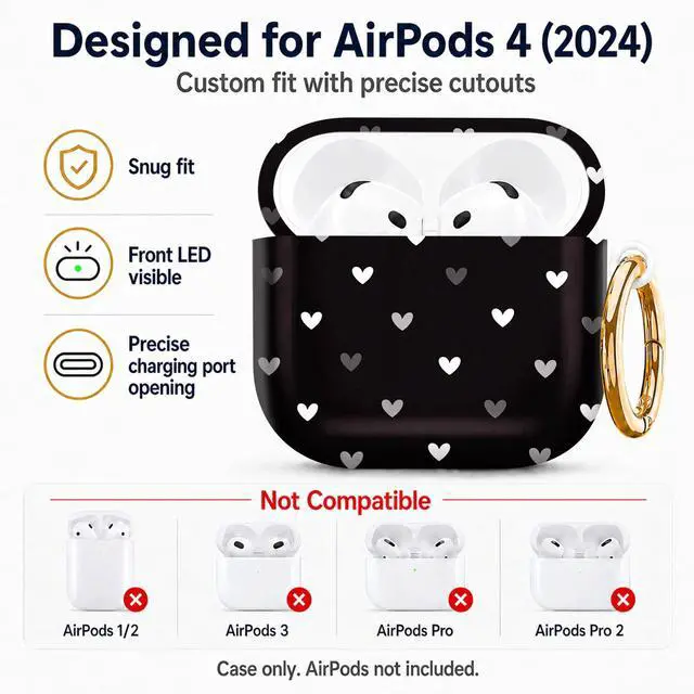 Alt view image 2 of 6 - Compatiable with AirPod 4 Protective Case 2024, Soft Protective Case with Keychain for Women,Cute& Sleek Design Shockproof Charging Case Cover for AirPod 4(Heart On Black Background)