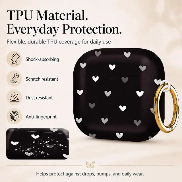 Alt view image 3 of 6 - Compatiable with AirPod 4 Protective Case 2024, Soft Protective Case with Keychain for Women,Cute& Sleek Design Shockproof Charging Case Cover for AirPod 4(Heart On Black Background)
