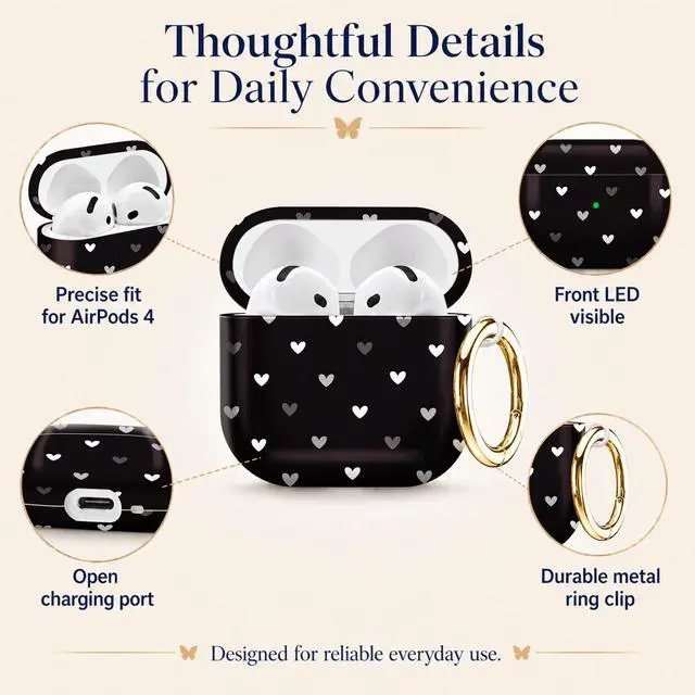 Alt view image 5 of 6 - Compatiable with AirPod 4 Protective Case 2024, Soft Protective Case with Keychain for Women,Cute& Sleek Design Shockproof Charging Case Cover for AirPod 4(Heart On Black Background)