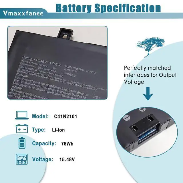 Alt view image 2 of 7 - C41N2101 Laptop Battery Replacement for Asus ROG Zephyrus G14 GA402 GA402R GA402RJ TUF Dash F15 FX517 Zenbook Pro 14 UM6702RA Duo VivoBook Pro 15X OLED K6501ZM Series 0B200-04110100