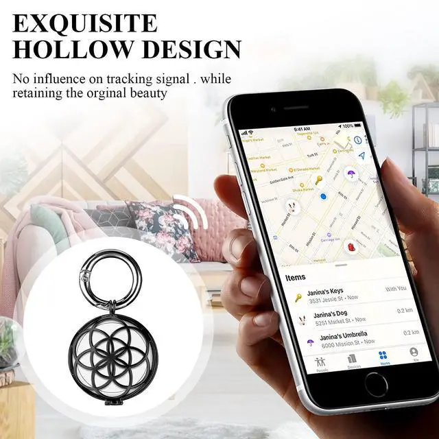 Alt view image 4 of 7 - Metal Case Compatible with Apple AirTag for Women Girls, Hollow-Out Protective Cover Keychain Holder for Air Tag Finder - Black