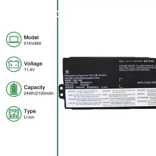 Alt view image 2 of 5 - 01AV489 Laptop Battery Replacement for Lenovo ThinkPad T470 T480 A475 A485 TP25 Series Notebook SB10K97577 01AV419 SB10K97576 01AV421 SB10K97578 01AV420 Black 11.4V 24Wh 2100mAh