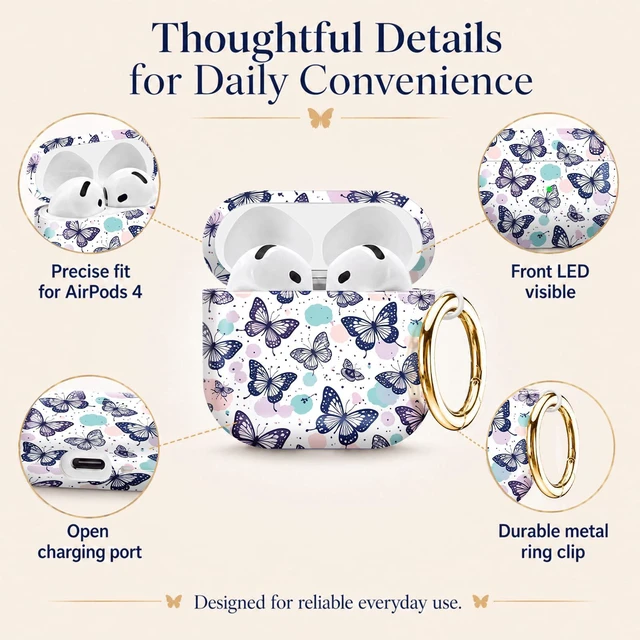 Alt view image 5 of 6 - Compatiable with AirPod 4 Protective Case 2024, Soft Protective Case with Keychain for Women,Cute& Sleek Design Shockproof Charging Case Cover for AirPod 4(Butterfly with Pastel Dots and Lines)