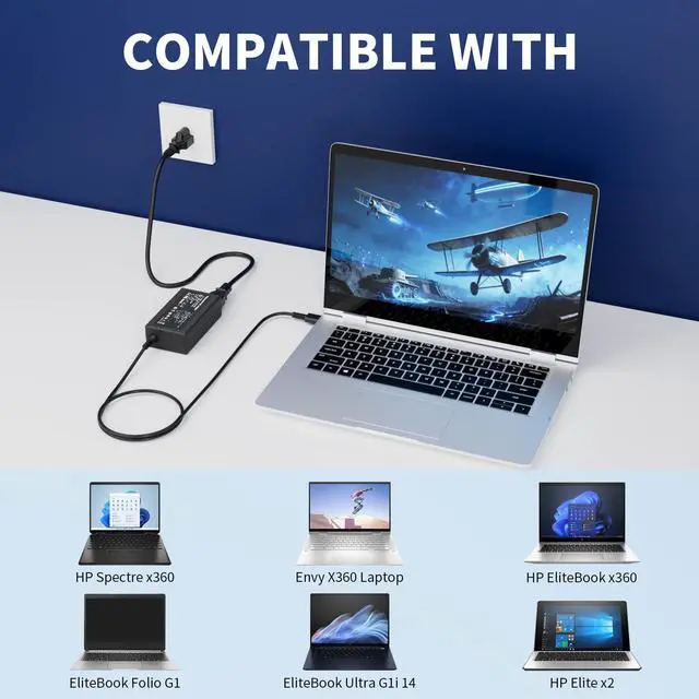 Alt view image 4 of 6 - 20V 3.25A 65W USB C Laptop Charger for HP, Compatible with HP Laptop Charger EliteBook 830 835 840 845 860 865 640 650, for Spectre x360, Pavilion, Envy, Chromebook Power Cord Adapter Supply