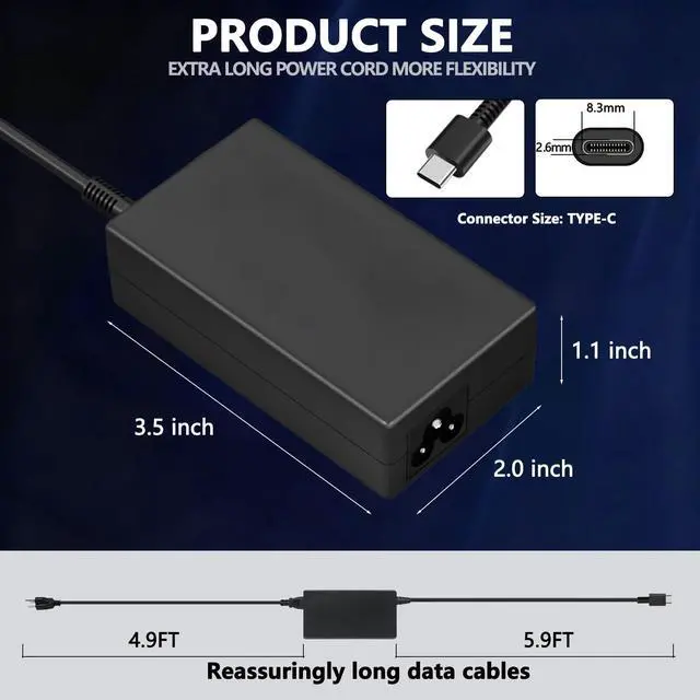 Alt view image 3 of 6 - 20V 3.25A 65W USB C Laptop Charger for HP, Compatible with HP Laptop Charger EliteBook 830 835 840 845 860 865 640 650, for Spectre x360, Pavilion, Envy, Chromebook Power Cord Adapter Supply