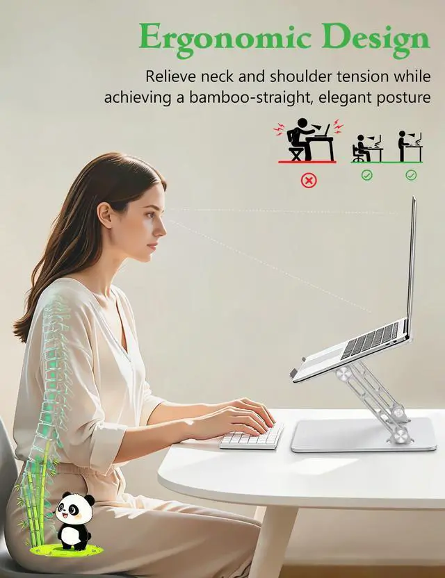 Alt view image 5 of 7 - Stable Laptop Stand for Desk Fit for 10"-16.3" Laptops, Silver | Foldable Aluminum Riser Creates an Ergonomic Workspace with Cute Panda Cooling Vent, Fits MacBook Air/Pro, Dell and Lenovo