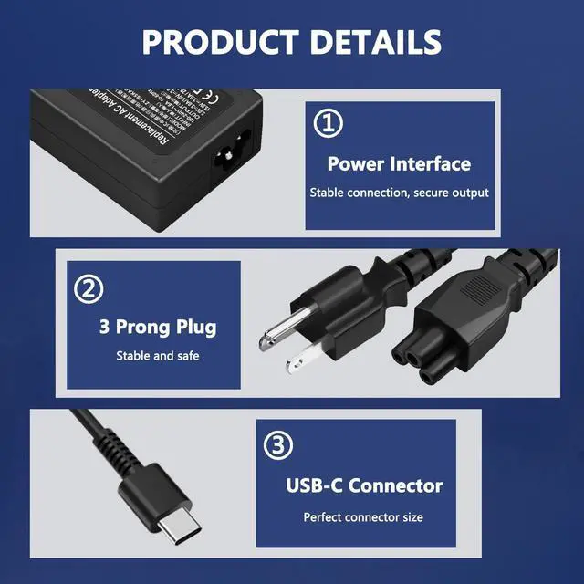 Alt view image 5 of 6 - 20V 3.25A 65W USB C Laptop Charger for HP, Compatible with HP Laptop Charger EliteBook 830 835 840 845 860 865 640 650, for Spectre x360, Pavilion, Envy, Chromebook Power Cord Adapter Supply