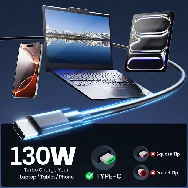 Alt view image 2 of 7 - 130W 90W 65W USB C Laptop Charger,Type-C AC Wall Adatper & Replacement Plug | Compatible with HP chromebook Lenovo Dell Acer Asus Samsung Google Computer Type C Fast-Charging Power Supply AC Adapter