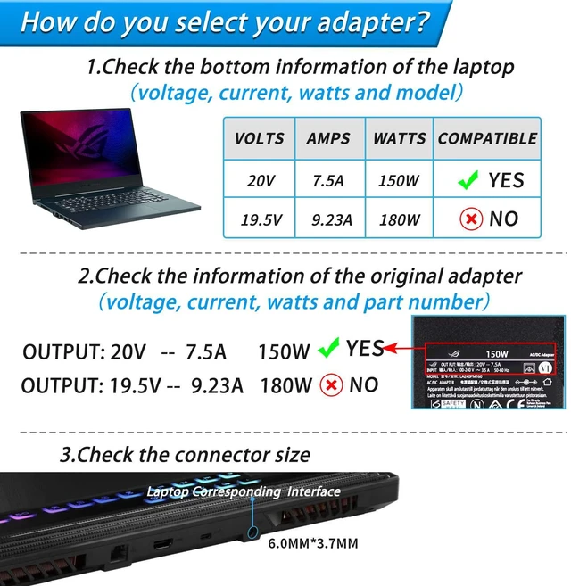 Alt view image 3 of 7 - for ASUS 20V 7.5A 150W Laptop Charger 6.0 * 3.7mm Power Supply Replacement for ASUS TUF Gaming F15 A15 G531G ADP-150CH B/A18-150P1A A17 F17 FX505 ROG Strix G G15 G17 G531GD G731G Power