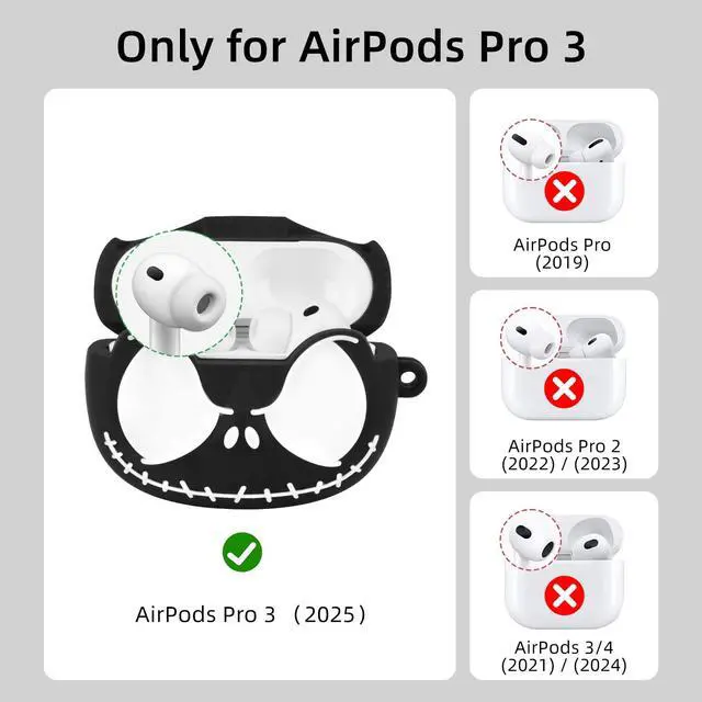 Alt view image 2 of 7 - for AirPods Pro 3 Case Cover with Cleaner kit, Soft Silicone, Black | Eyes Glowing in the Dark, 3D Funny Skull Cute Case for AirPod Pro 3 Case for Women Men