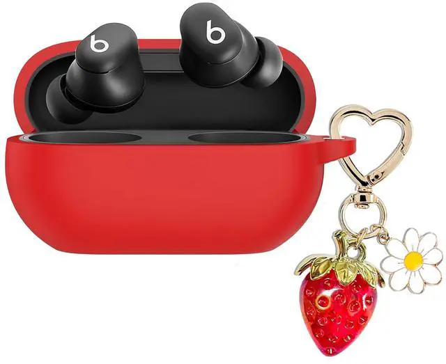 Main image of for Beats Solo Buds Case Cover with Cute Strawberry Charm Heart Keychain, Soft Silicone Protective Case Daisy Key Chains for New Beats Solo Charging Case Earbuds for Women Men Red