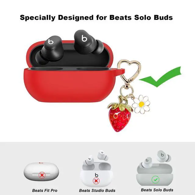 Alt view image 2 of 7 - for Beats Solo Buds Case Cover with Cute Strawberry Charm Heart Keychain, Soft Silicone Protective Case Daisy Key Chains for New Beats Solo Charging Case Earbuds for Women Men Red