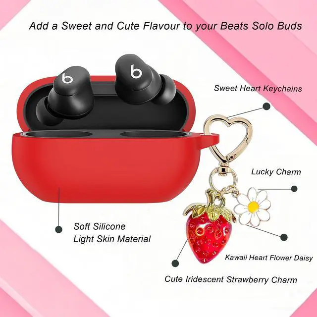 Alt view image 3 of 7 - for Beats Solo Buds Case Cover with Cute Strawberry Charm Heart Keychain, Soft Silicone Protective Case Daisy Key Chains for New Beats Solo Charging Case Earbuds for Women Men Red