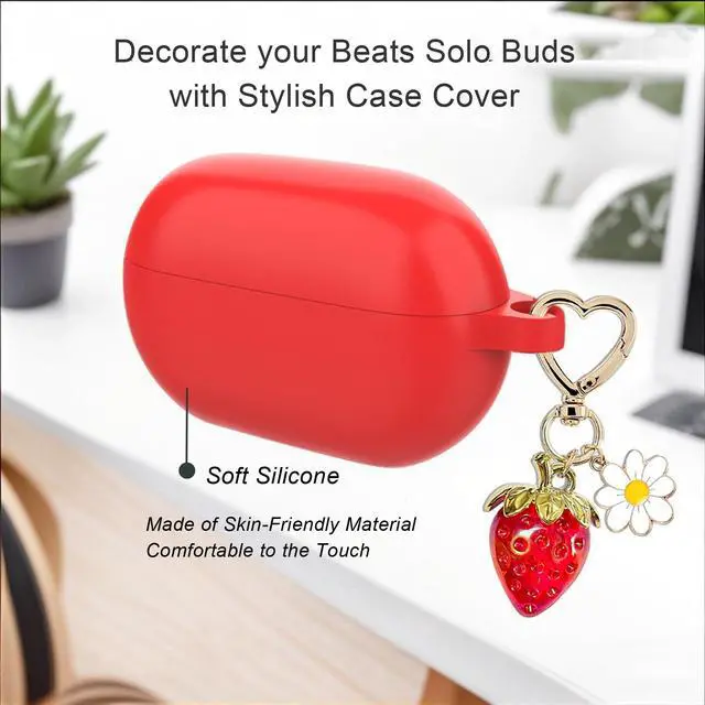 Alt view image 5 of 7 - for Beats Solo Buds Case Cover with Cute Strawberry Charm Heart Keychain, Soft Silicone Protective Case Daisy Key Chains for New Beats Solo Charging Case Earbuds for Women Men Red