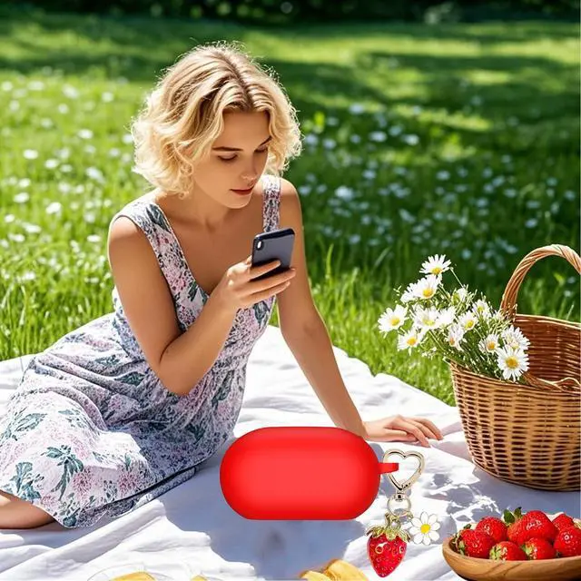 Alt view image 7 of 7 - for Beats Solo Buds Case Cover with Cute Strawberry Charm Heart Keychain, Soft Silicone Protective Case Daisy Key Chains for New Beats Solo Charging Case Earbuds for Women Men Red
