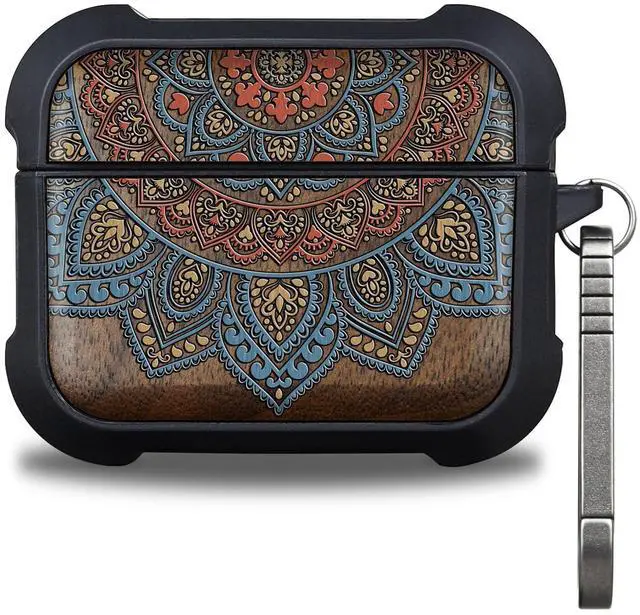 Main image of Walnut Solid Wood for AirPods Pro 3 Case (2025), Sunburst Mandala | AirPods Pro Case 3rd Generation, Titanium metal Quick Released Keychain, Compatible with Wireless Charging, Hand-Drawn Style