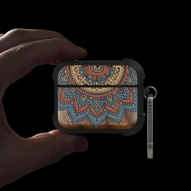 Alt view image 2 of 6 - Walnut Solid Wood for AirPods Pro 3 Case (2025), Sunburst Mandala | AirPods Pro Case 3rd Generation, Titanium metal Quick Released Keychain, Compatible with Wireless Charging, Hand-Drawn Style
